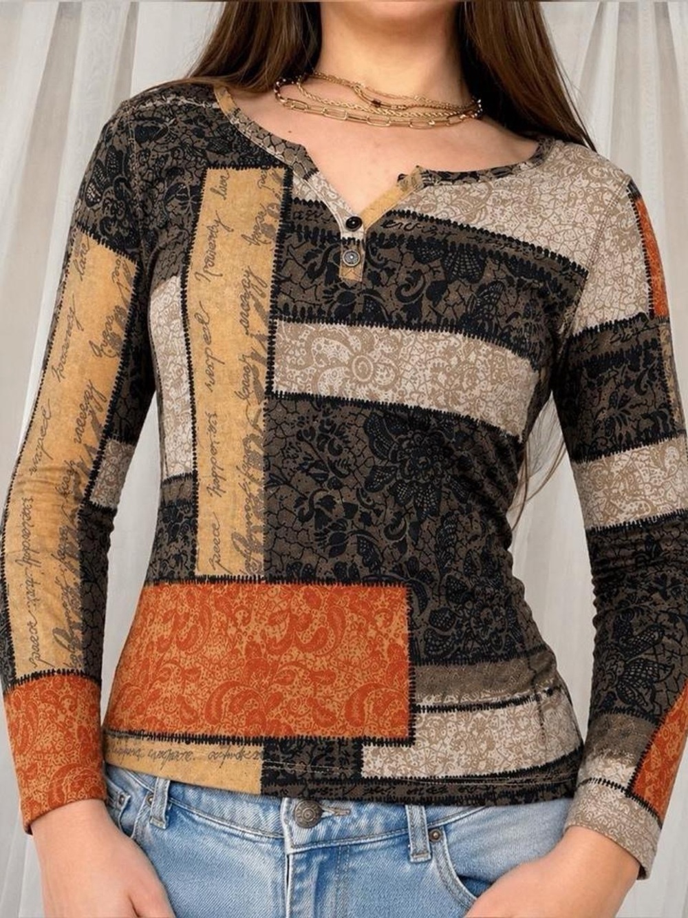 Vintage Y2K Tuscan Patchwork Print Long-Sleeve Henley Top - Multi Brown/Orange